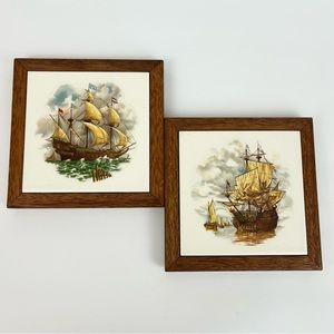 Vintage Trivet Set Full Sails Ship Scenes Ceramic Tile Creations By Deede